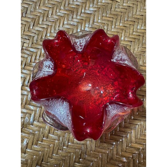 Vintage Murano Art Glass Bowl Folded Edge Silver Fleck Red MCM Dish 60s - Picture 8 of 9